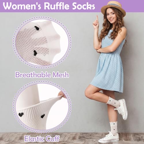 Ruffle Bow Polka Dot Heart Cotton Crew Socks for Womens - color: Black, Pink, Purple,white