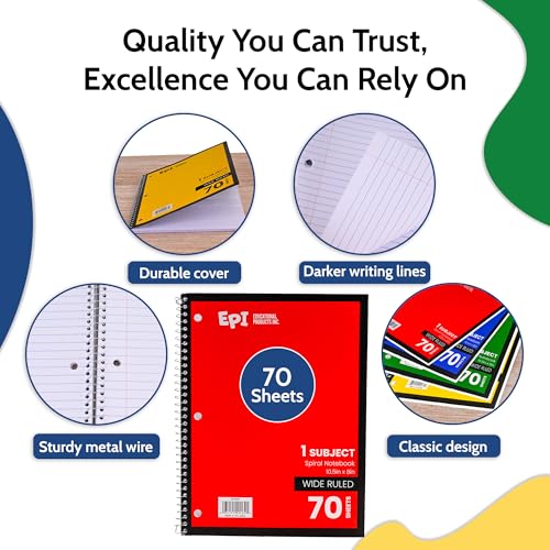 EPI Spiral Notebook | Wide - 70 Sheets, Durable Spiral Binding | 10.5 x 8 in | Classroom Supplies | School, Office, Note Taking, Journaling - 48 Pack - color: Assorted, size: 48