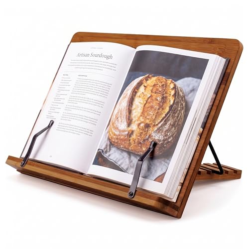 Bamboo Cookbook Stand Large, Adjustable Book Holder Tray and Page Paper Clips - Walnut Color Large - 4-Position Recipe Book Stand Holds Thick Books for Kitchen Counter, Reading, Studying - Foldable - color: Walnut, size: Large