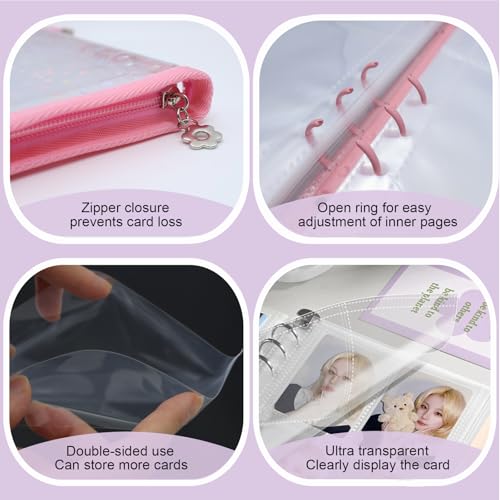 A5 Kpop Photocard Binder Holder with 50 Sheets Double Sided Sleeves for Polaroid Instax Mini Photo Album Zip Book Game Trading Sports Baseball Card Binder 6 Ring 4 Pocket Collector (Pink) - color: Pink