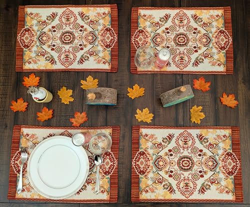Tache Fall Placemats Set of 4, Burgundy Orange Ivory Woven Tapestry Place Mats, Elegant Paisley 13 x 19 Inch Dining Table Mats for Autumn Harvest Thanksgiving Decor