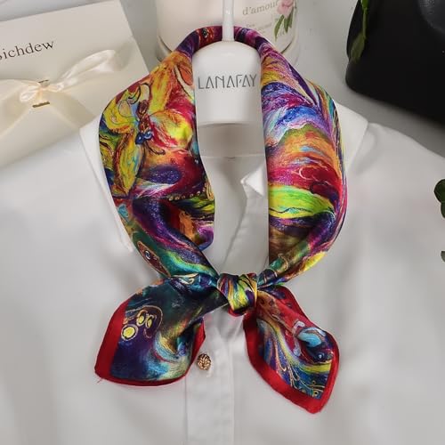 Women 100% Mulberry Silk Neck Scarf 21" Square Floral Neckerchief - color: Red Fire Phoenix