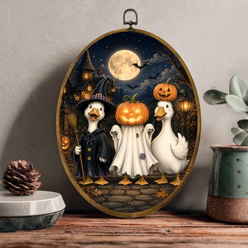 Halloween Duck Oval Wall Art, Framed Canvas Decor, 8.5x11.5 Inch - color: Halloween Witch Duck Pumpkin