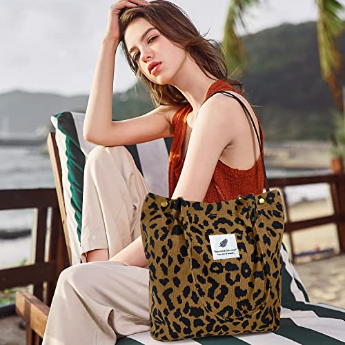 Ayieyill Corduroy Tote Bag for Women Canvas Shoulder Cord Purse with Inner Pocket - color: Brown Leopard