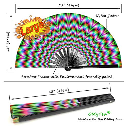 OMyTea Large Rave Clack Folding Hand Fan for Men/Women - Chinese Japanese Bamboo Handheld Fan - for EDM, Music Festival, Club, Event, Party, Dance, Performance, Decoration, Gift (Trippy Waves) - color: Trippy Waves