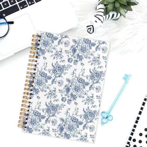 Blue and White Chinoiserie Floral Spiral Notebook Journal 5.5x8.3, French Grandmillennial Blue Flower Hardcover Journal Notebook for Study Work Office - color: Bule Chinoiserie Floral