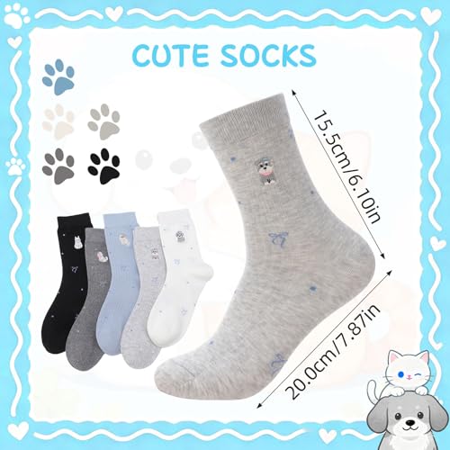 5 Pairs Women Embroidered Cotton Dachshund Socks Bow Cat