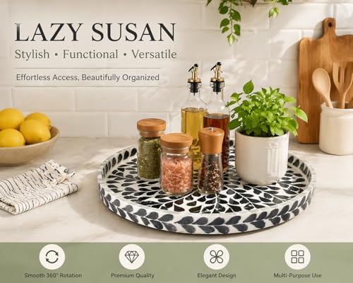 Lazy Susan Turntable 12.5 Inch, Round Wooden Spinning Tray with Black Leaf Mother of Pearl Inlay, Rotating Organizer for Kitchen (Black Leaf Lazy Susan) - color: Black Leaf Lazy Susan