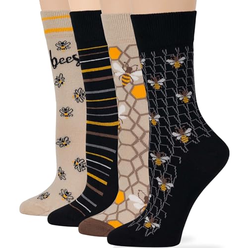 7BIGSTARS Women Cotton Crew Socks, Patterned 4 Pack, M 5-9 - L 8-12 - color: 12 - Black, Light Beige (A53), size: 5-9