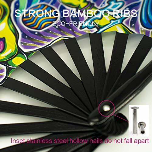 13" Large Rave Fan Bamboo, Folding Clack Hand Fans Foldable for Men Women, Poping Fan for EDM Festival Line Dance Decoration, (Alien, Large 13") - color: Alien, size: Large 13"