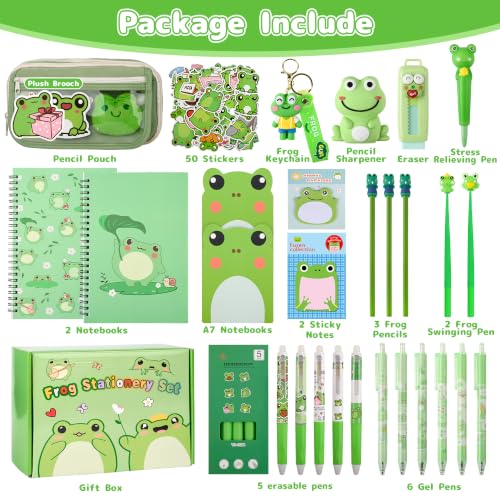 Ulema 52pcs Cute Frog Stationery Set Frog Gifts for Boys Girls Birthday Back to School and Classroom Rewards Office Supplies with Frogs Stuff. - style: Frog
