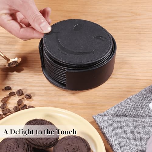 Coasters for Drinks Set of 6 with Holder, 6-Piece Leather Coasters with Embossed Smiley Designs - Durable Drink Coasters Set for Home, Bar, or Office - Black - color: Black