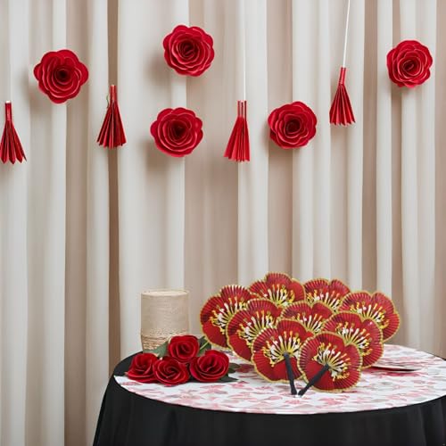 20 Pieces Chinese Rose Paper Fans - color: Red Rose Paper Fans, size: 20 PCS