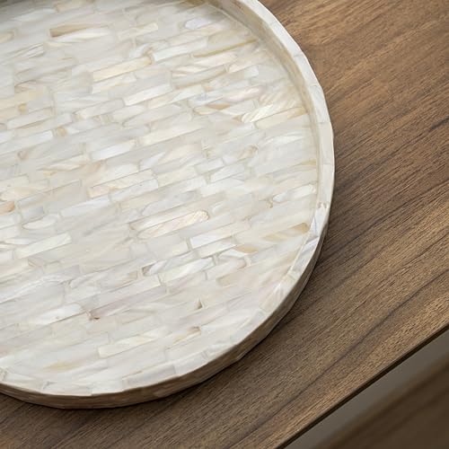 PEMAR Round Mother of Pearl Tray 11", White Iridescent Decorative Tray