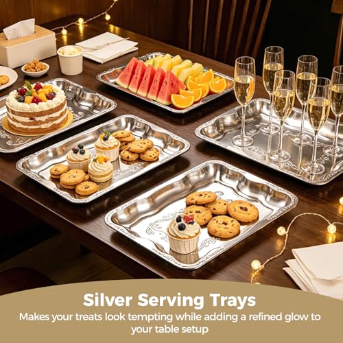 6 Pcs Silver Serving Trays, Engraved Butterfly Floral Serving Platters, Mirror Polished Stainless Steel Food Trays, Decorative Silver Plates for Appetisers, Fruits, Desserts - size: 15.7 x 11.6 x 1.6 in