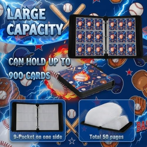 Card Binder 9 Pocket, Blue Baseball, 900 Cards, PU Leather - color: Blue Baseball