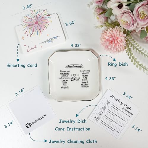 Anniversary Wedding Gift for Women, Jewelry Dish, Happy Anniversary Ceramic Ring Dish, Engagement Wedding Aniversario Gift for Her Wife Girlfriend, Trinket Tray for Earrings Necklaces - style: Happy Anniversary