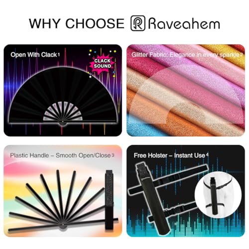 13" Large Folding Rave Fan with Holster, Clack Hand Fans Foldable for Line Dancing for Women Men Festival EDM Party Decoration, Glitter Glod 2 Pack - color: Glitter Glod