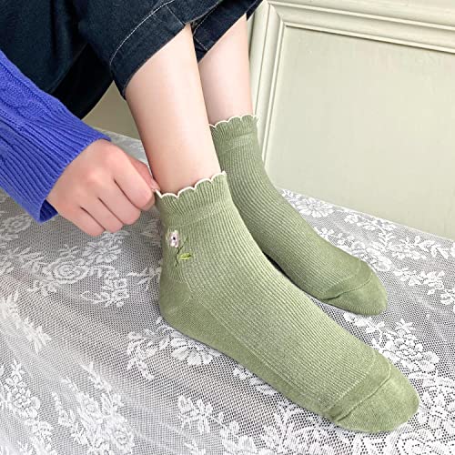 zrylibya Women Ruffle Frilly Floral Embroidery Scallop Ankle Socks 5 Pairs - color: Multicolor a
