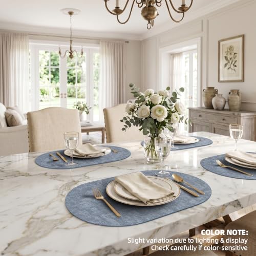 Placemats Set of 6, 17.7 x 11.8 Inch Oval Faux Leather Place Mats - color: R-blue