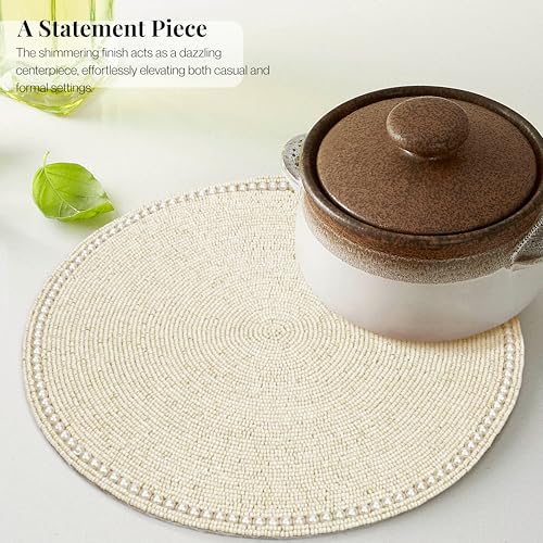 Round Beaded Placemats - Handmade Beaded Table Mat Non-Slip Polyester Backing for Dining Table Decor, Kitchen, Parties, Family Meals Pack of 2 (Ivory) - ALPHA Living HOME - color: Ivory, size: Set of 2