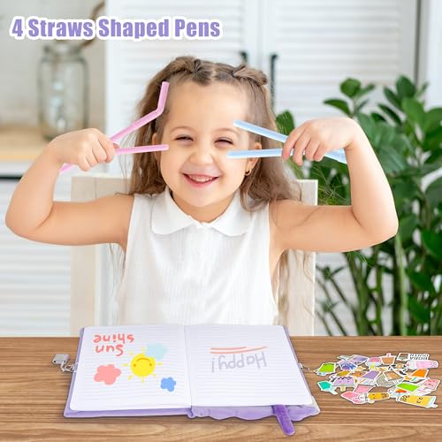 All In One Gift Kit for Girls – Back to School Supplies, Lock and Key Plush Journal Stationery Set with 53 Stickers, 1 Bracelet, 1 Coin Purse, 4 Straws and 3 Sticky Notes, Journaling Kit for Kids, Tweens & Teens (Purple Boba) - color: Purple