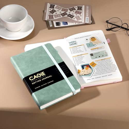 CAGIE Bullet Dotted Journal Notebook 320 Pages 100 GSM Paper Hardcover A5 Dot Grid Notebook Leather Journals for Writing Women Men Work Journaling, Green - color: Green, style: Dotted A5