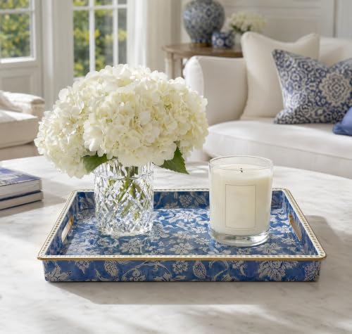 Rectangular Decorative Serving Tray with Handles,Vintage Blue White Floral Pattern Gold Trim Glossy Ottoman Coffee Table Tray,Multipurpose Vanity Tray for Jewelry Home Decor. 15.7" x 11.8" - color: Blue