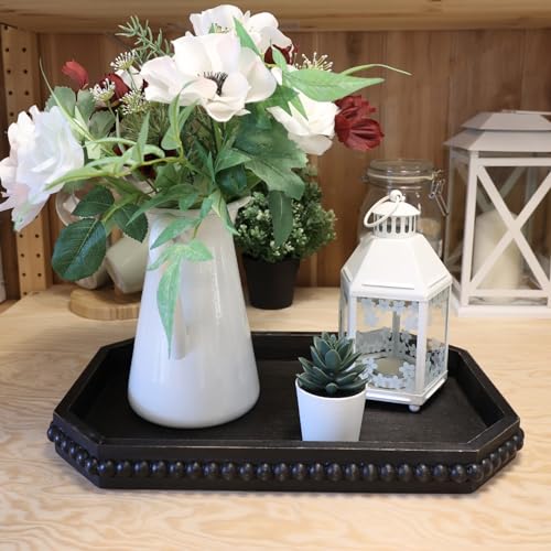 Hrastany Wood Rustic Serving Tray with Beads, Farmhouse Vintage Black Decorative Tray for Table Centerpiece, Christmas Wedding Halloween Home Decor - color: Retro Black-c8, size: 15.7" x 10.2" x 1.6"