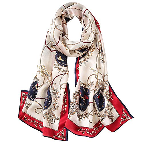 ANDANTINO 100% Silk Long Scarf-Women Large Oblong Shawls with Gift Packed - color: 1-red&navy-carriage