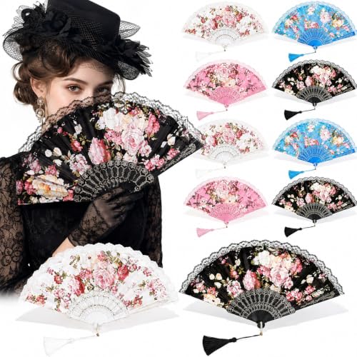 Ecally 12 Pack Lace Folding Hand Fans, Victorian Spanish Style in White Blue Pink Black, Bulk Foldable Fans for Tea Party Favors, Wedding, Bridal Shower, Quinceañera, Baby Shower, Birthday Decor - color: 4 Colors, size: Victorian