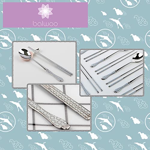 [Made in Korea] Goryeo Celadon Design Korean Table Sticky Rice Spoon and Chopsticks 430 Stainless Steel Glossy Surface Mukbang Cutlery (White and Blue) - style: White and Blue