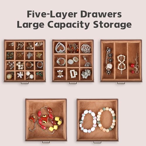 Kendal Jewelry Box, 6-Layer Jewelry Storage Organizer for Necklace Bracelet Rings Watch, 10.2"x8.2"x6" Classic Brown PU Leather 5 Drawers Large Storage Capacity with Mirror - color: Brown, size: Medium(10.2"x8.2"x6")