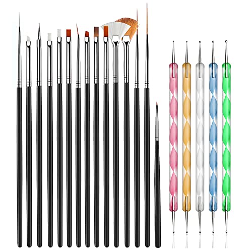 20pcs Nail Art Design Tools, 15pcs Painting Brushes Set with 5pcs Dotting Pens, BLACK … - color: Black Brushes with Dotting Pens