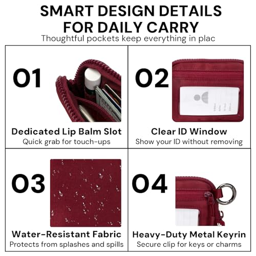 Wristlet Wallet for Women with Clear ID Window, Zip Coin Purse and Keychain - color: Burgundy