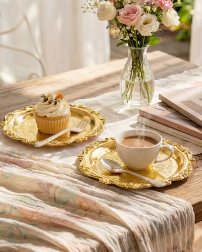 Gold Decorative Tray Set of 2, 10'' Round Vintage Metal Serving Tray, Medium Ornate Coffee Table Centerpiece, Vanity Tray for Perfume, Jewelry, Party Decor - color: Gold, size: 10''