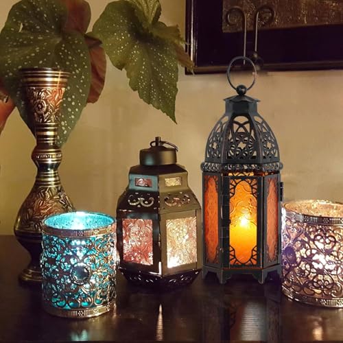 Ramadan Lanterns Decorative Indoor & Outdoor, 11’’ Medium Size Vintage Metal Hanging&Tabletop Candle Holder Decor, Halloween Christmas Moroccan Decorations for Home Porch Patio (Amber) - color: Amber - 11''h, size: Medium