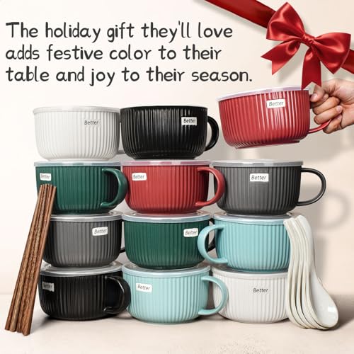 Artena 38 oz Soup Bowls with Handles, Lids, Spoons & Chopsticks – 6 Inch Large Microwave Safe Ceramic Ramen Bowls, Soup Mugs & Cereal Bowls for Instant Noodles, Oatmeal, Meal Prep (White-Set of 2) - color: White - Set of 2