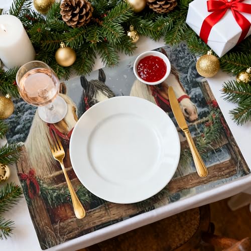 Christmas Horse Table Placemats Set of 4 Place Mats Linen Wipeable Placemats Waterproof Rectangle Table Mat for Kitchen Dining Dinner 18 X 12 Inch - color: Christmas Horse
