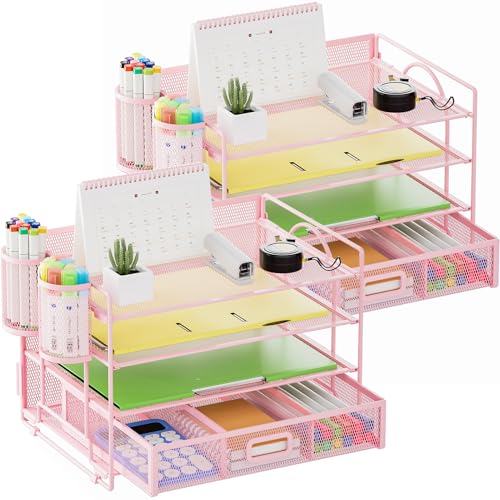 Marbrasse Desk Organizer, 4-Tier Paper File Letter Tray, Pink-2P - color: Pink with Pen Holder 2P