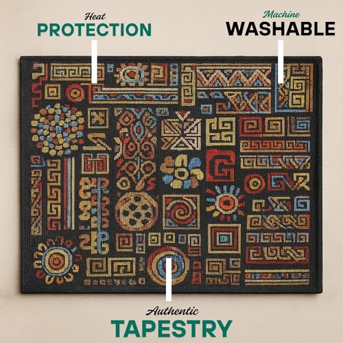 DaDa Bedding Bohemian Ethnic Ornaments Tapestry Placemats - Set of 4-Pieces Greek Ethnic Calligraphy Geometric Colorful Dark Black Design - Decorative Cotton Woven Kitchen Dining Mats - 13” x 19” - color: Ethnic Ornaments