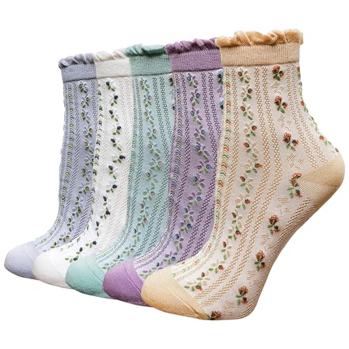 DXYAKY 5 Pairs Womens Floral Cotton Socks Vintage Patterned Crew Socks Novelty Ankle Ruffled Warm Casual Dress Socks - color: 5 Pairs - Colorful Floral