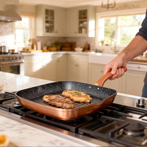 11" Nonstick Grill Pan with Pour Spouts, PFOA-Free (Black, Double Non-stick, PFOA-free)