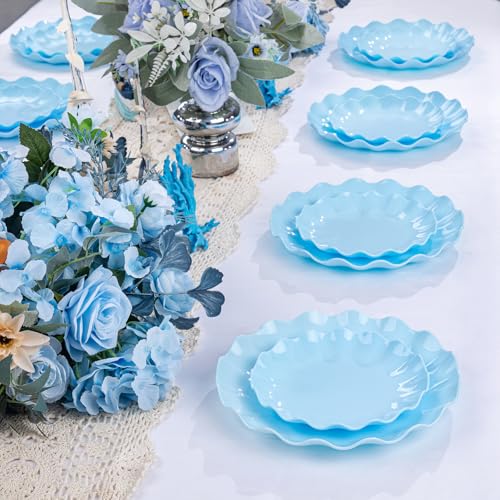 LIYH 24Pcs Light Blue Scalloped Plastic Plates Reusable For Party Events - color: Blue, size: 24(12 Guests)