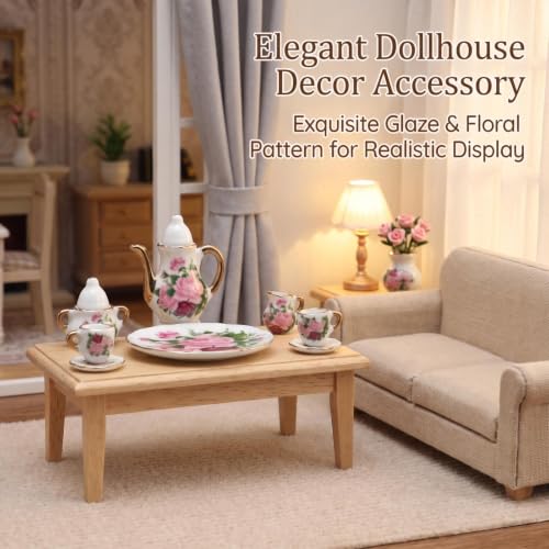 Miniature Tea Set 1/6 Scale Dollhouse Accessories Porcelain Big Rose - color: Big Rose