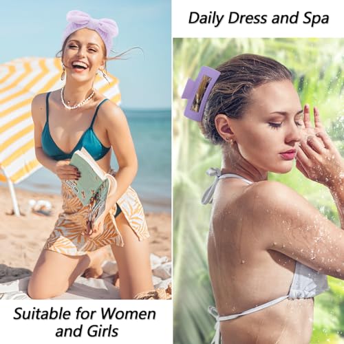 VELSCRUN Spa Headbands for Wash Face, Makeup Headband, Facial Skincare Headbands, 5 Pcs Purple Puffy Sponge Spa Headband Bow Tie Hair Band Hair Clips Wristband Set Women Girls Accessories - color: Purple