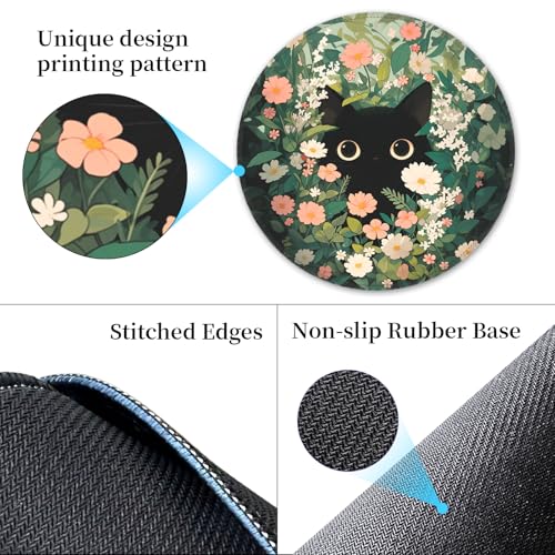 Hancynir Black Cat Round Mouse Pad, Small Mousepad for Laptop Desk Office - color: Cute Flower Cat