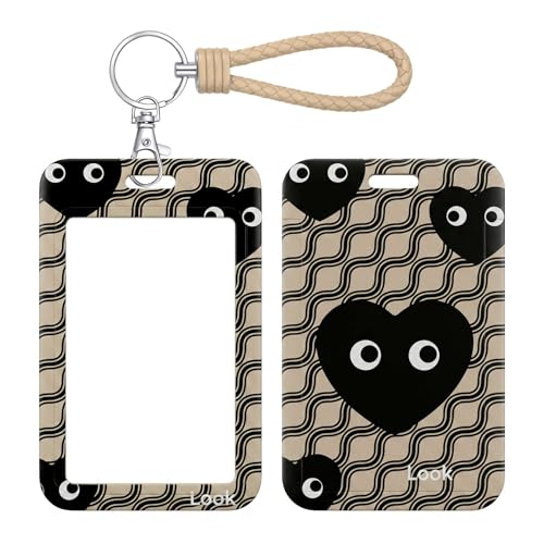 ID Card Badge Holder Key Chain with Metal Keyring, Plastic Slide Open with ID Window for Women Men Girls Students - color: Black Heart