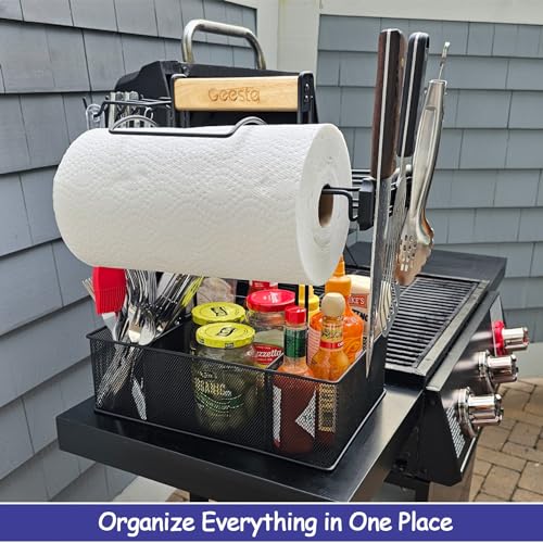 Geesta Grill Caddy for Outdoor Grill, BBQ Picnic Camping Caddy with Paper Towel Holder & Magnetic Tool Holder, Condiment Storage Utensil Kitchen Organizer for RV Camper, Tailgate Accessories