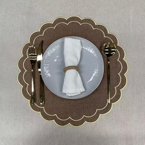 Linen Cotton Placemats Set of 4 Scalloped Flower Embroidery Place Mats 15'' Natural Linen Texture Fabric Machine Washable Table Mats for Restaurant Kitchen,Table Decor(Brown) - color: Brown